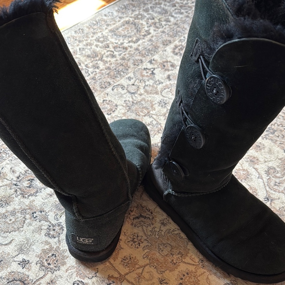UGG Black Suede Button-Trim Shearling Tall Boots